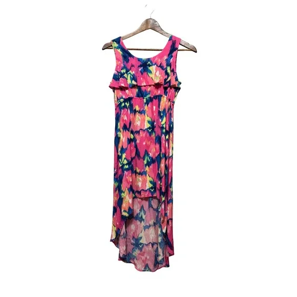 The Children's Place High Low Dress Girls XL 14 Pink Blue Ikat Excellent Ruffle