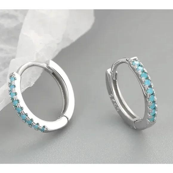 NEW Mens‎ Unisex Turquoise 925 Sterling Silver Hoop Earrings, 9mm