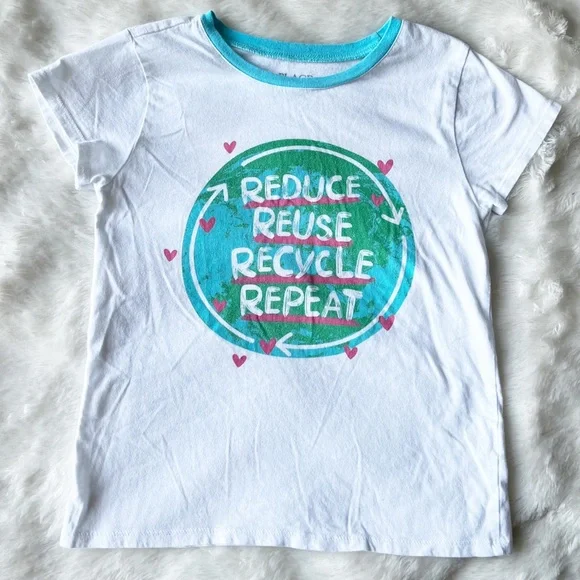 The Children’s Place Reduce Reuse Recycle Graphic SS Ringer T-Shirt Girls M 7/8