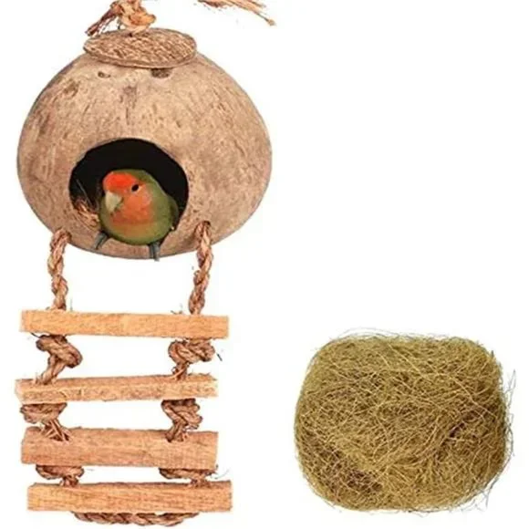 Coconut Hide with Ladder,Natural Coconut Fiber Hanging Birdhouse Cage,Bird Shell