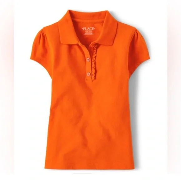 NEW - The Children’s Place Girls Uniform Ruffle Pique Polo - Flame Medium (7/8)