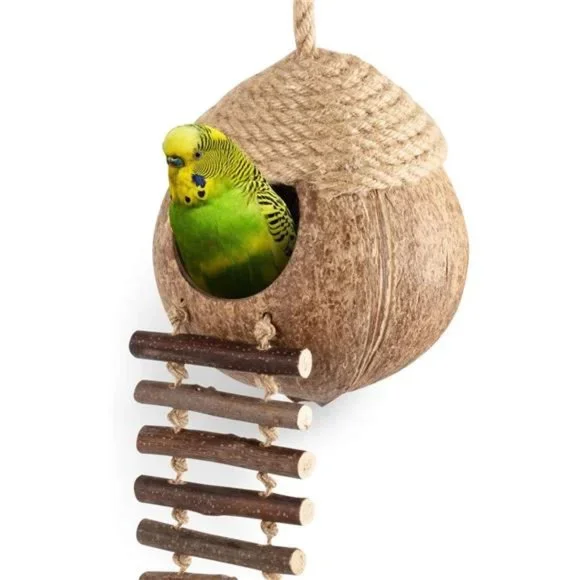 Coconut Bird Nest Hut with Ladder for Parrots Parakeet Conures Cockatiel