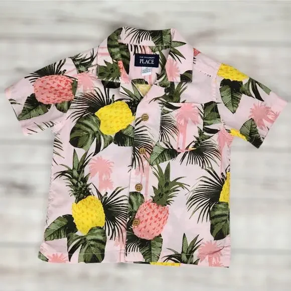 The Children's Place Toddler Hawaiian Pineapple Button Down Shirt Size 2T Coast