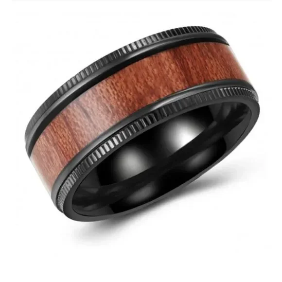 Men's Black Whiskey Bar Wood Inlay Ring Sz 12