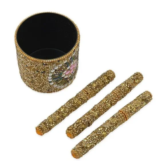 Golden Floral Pattern Beaded Pens with Holder
