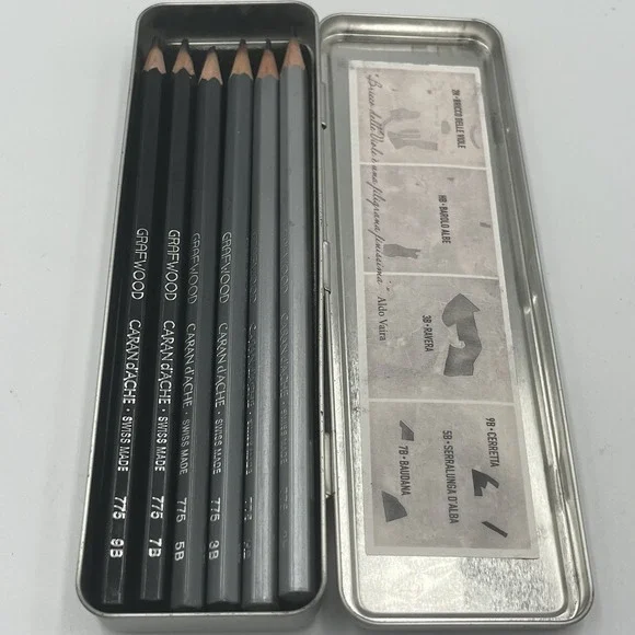 Caran D'ache Metal Box  New Grafwood Drawing Pencils Set of 6 -2H HB 3B 5B 7B 9B