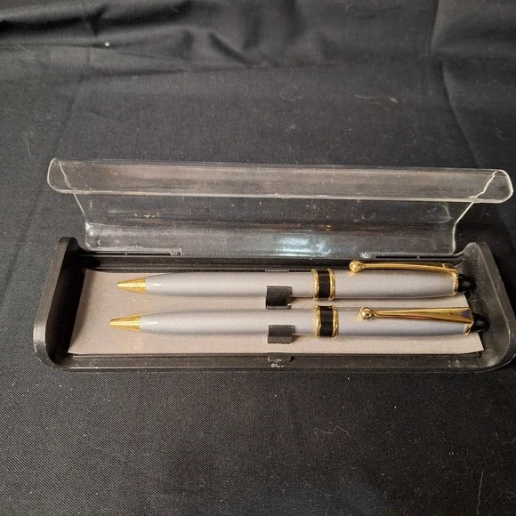 Vintage‎ Silver and Gold Tone Two Ballpoint Pens set with Case