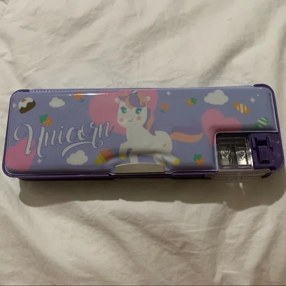 Y2K Inspired Purple Unicorn Double-Sided Hard Pencil Case with Sharpener