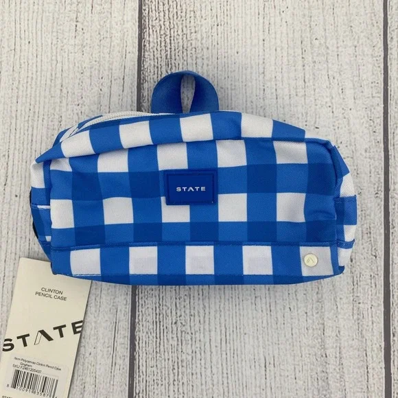 State Bags Clinton Pencil Case Blue Gingham Plaid Durable Pouch School Office