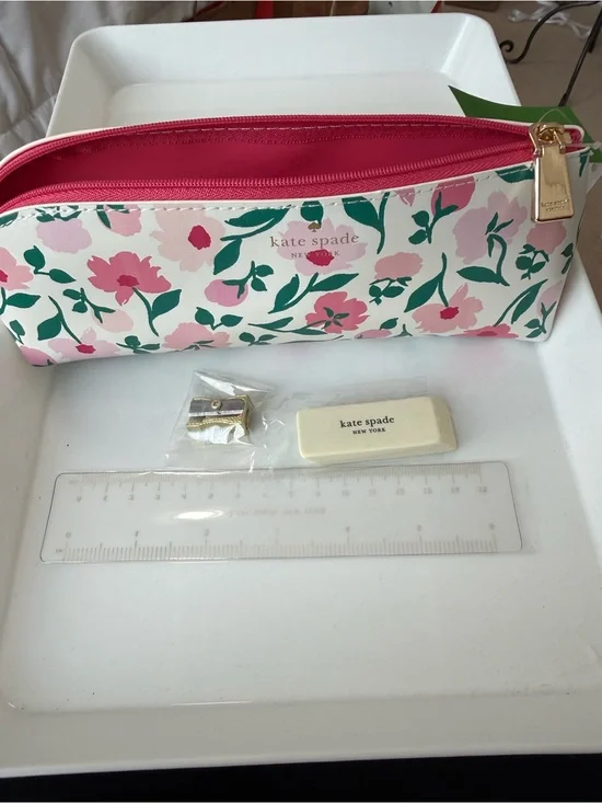kate spade Peony party, pencil case includes sharpener, ruler, and eraser.
