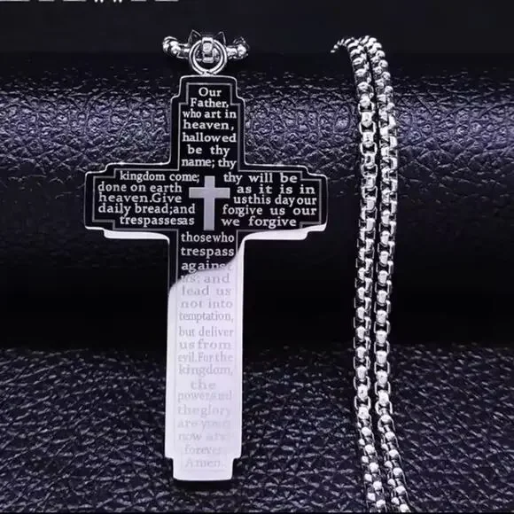 Crucifix Cross Necklace Engraved Lord's Prayer Scripture Christmas Birthday NEW!