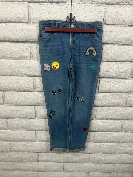 The Children's Place Girls Jeans Size 10 Patch Denim Emoji Rainbow Heart NWT