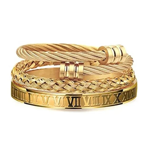 Mens Stainless Steel Bracelet 3 Piece Set Adjustable Cuff Bangle