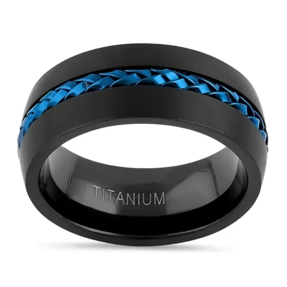 Titanium Black with Blue Steel Cable Band Ring