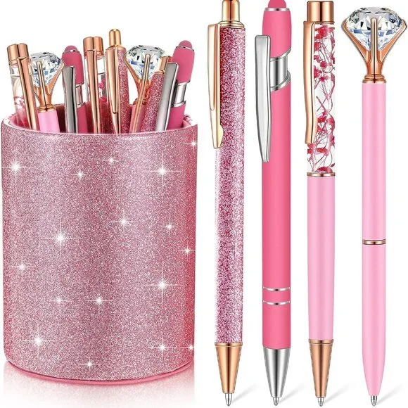 NWT Sparkling Bling Glitter Cup With 8 Ballpoint Pen Set Desk Set + FREE Gift