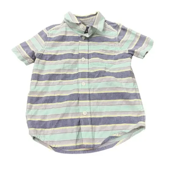 The Children’s Place Boys Button‎ Down Shirt 3T Blue Yellow Striped Short Sleeve