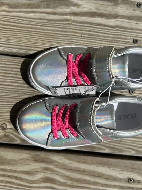 The Children's Place Holographic Silver Sneakers with Pink Laces