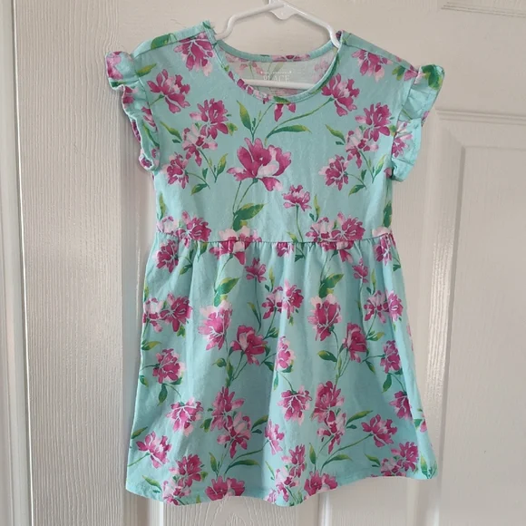 The Children's Place Aqua Floral Ruffle Sleeve Dress with Pink Blooms