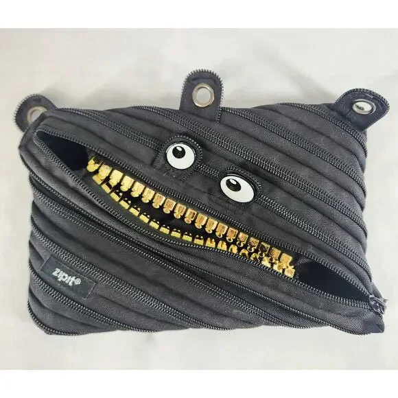 ZIPIT Grillz Monster 3-Ring Pouch Pencil Case Black Gold Teeth Jumbo Case School