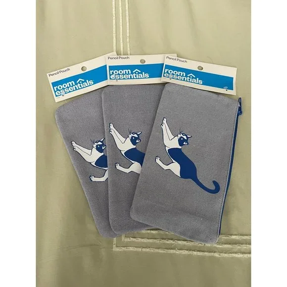 Room Essentials Blue Kitty Cat Canvas Pencil Bag Set - Set of 3