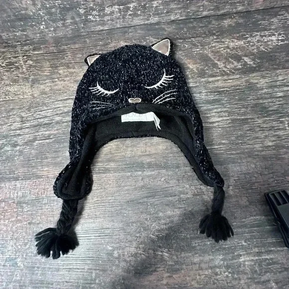 The Children's Place Black Cat Face Hat with Ears and Braided Tassels