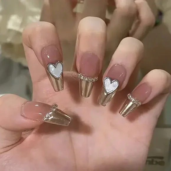 NWT Press On Nails French 3D Hearts & Rhinestone Coffin Fake Nails