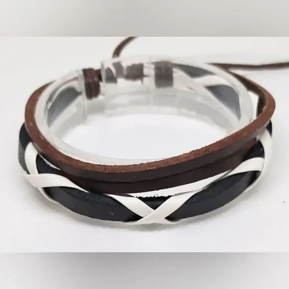 Men's bracelet leather braided layered brown‎ new e86