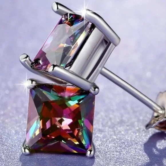 Large Mystic Topaz 3.50CT Princess Cut Earring Pair, 925 Sterling Silver