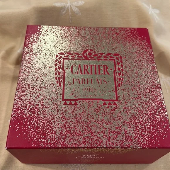 Must De Cartier Parfums Paris Empty Red & Metallic Gold 8” Square Cardboard Box.