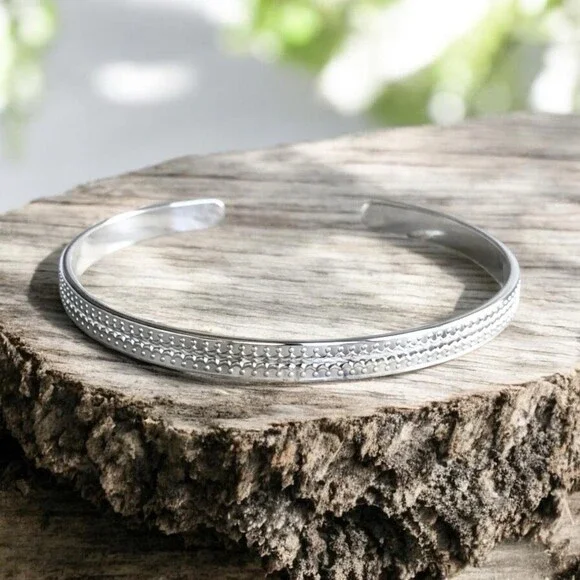 Shiny Sterling Silver Scalloped Open Cuff Bangle Handmade - 5.6mm Wide