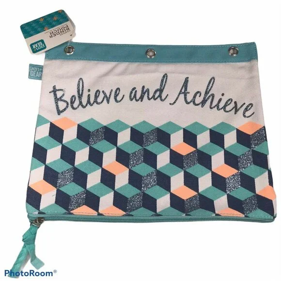 Pen and Gear Canvas Binder Pouch “Believe and Achieve” Blue 11” X 9” New