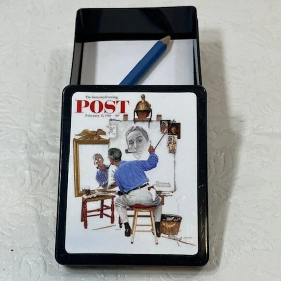 VTG Norman Rockwell Triple Self-Portrait Plastic Box w/Paper & Pencil 2.5