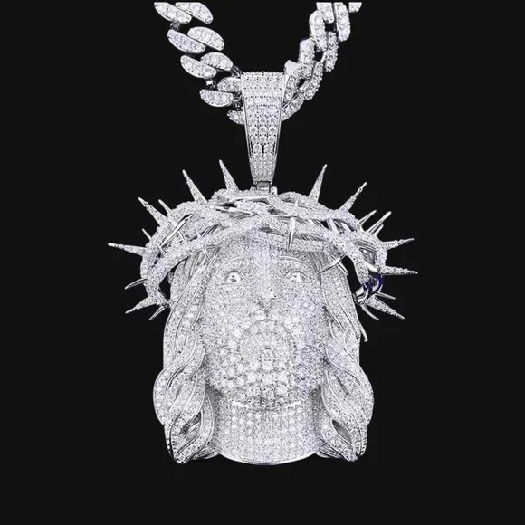 Thorn Crown Jesus Head Pendant, 20 Inch Cuban Chain 9mm link
