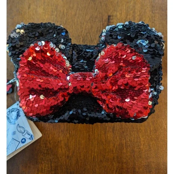 Disney Parks Minnie Mouse Bow Reversible Sequin Pencil Case Bag - NEW