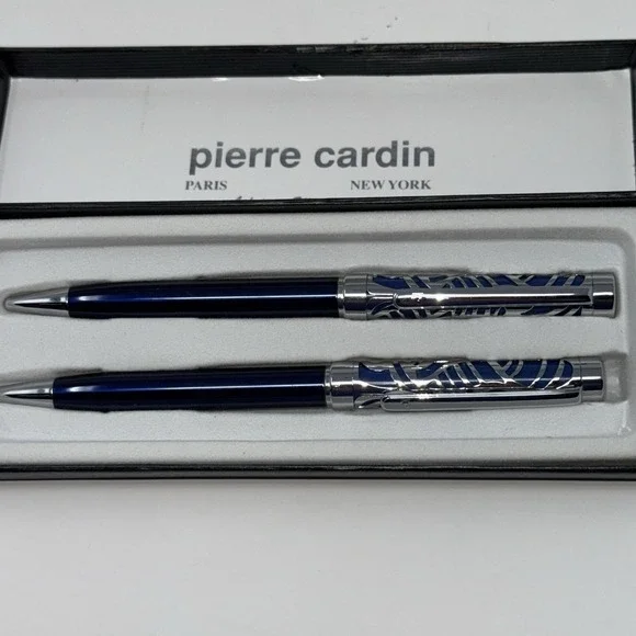 Vtg Pierre Cardin Blue Lacquer & Chrome Filigree Pen Set