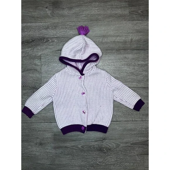Gymboree 6-12 Months Purple White Knit Hooded Cardigan Sweater Pom Pom