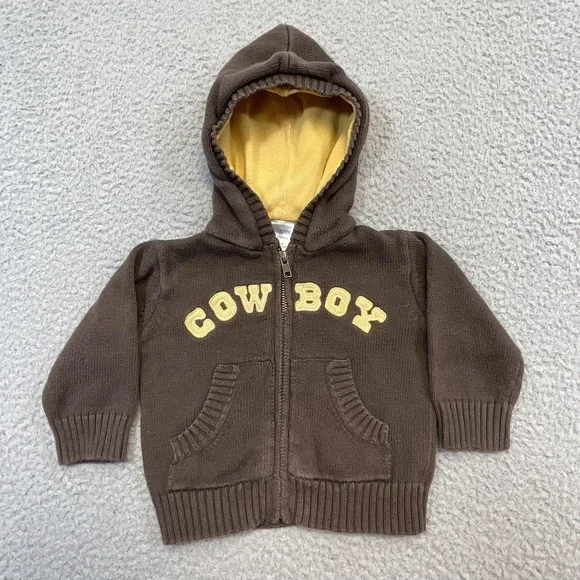 Gymboree Sweater Boys 9-12 Months‎ Brown Cowboy Hooded Full Zip Knit Cotton