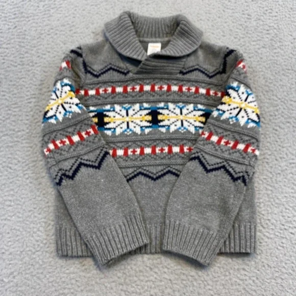 Gymboree Sweater Kids 5-6 Gray Fair Isle Shawl Collar‎ Holiday Pullover Knit