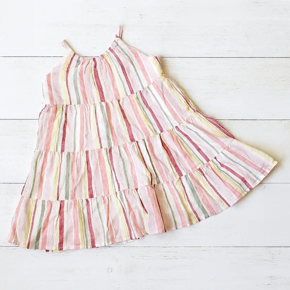 Gymboree 4T Girls Linen Cotton Striped Sundress Gold Metallic Thread Lined