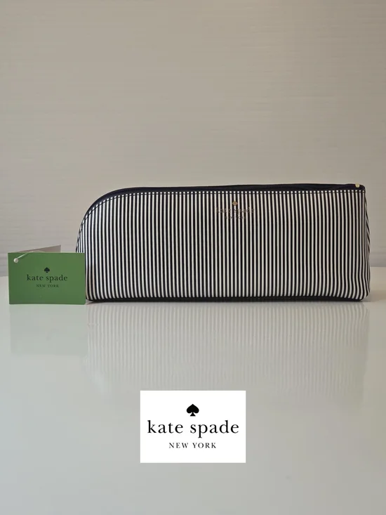 NWT Kate Spade Navy & White Striped Pencil Pouch w/ eraser, ruler & sharpener