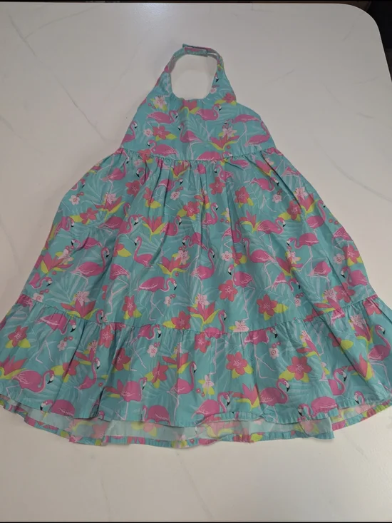 Gymboree Tropical Paradise Size 7 Green Flamingo Halter Dress Polplin Summer
