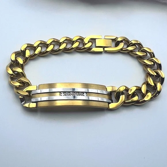 NEW 1/10 Diamond Accent Gold and Silver Stainless Steel Curb Chain Bracelet