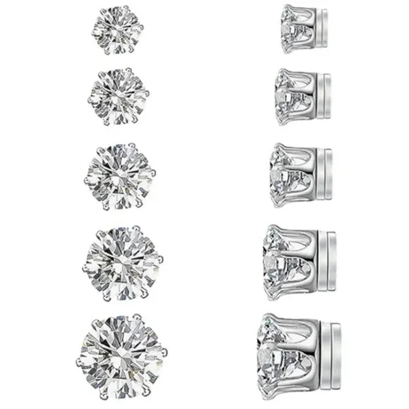 5 Pairs Stainless Steel Non-piercing Cubic Zirconia Stud Earrings Round Magnetic
