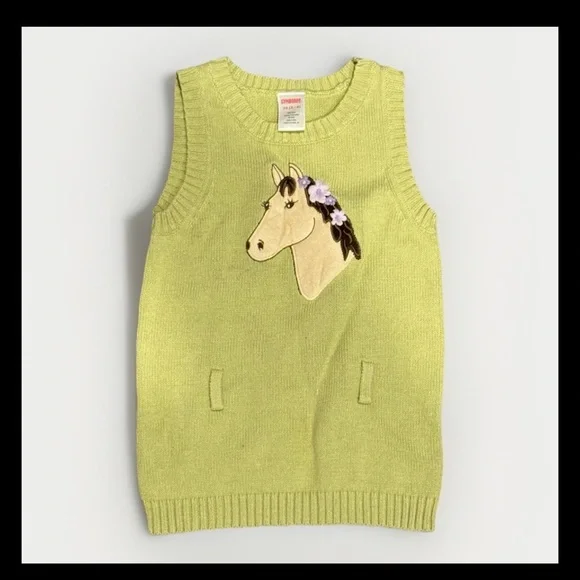 Gymboree Girl 3-4T Horse Appliqué Green Sweater Vest Dress 100% Cotton I Boho