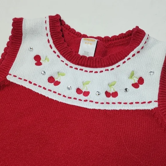 Gymboree Red Cherry Embroidered Sweater Vest Rhinestones Girls 7–8 Cute Retro