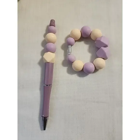 Bead Pen & Cup Charm Matching Combo Purple & Cream Silicone Beads