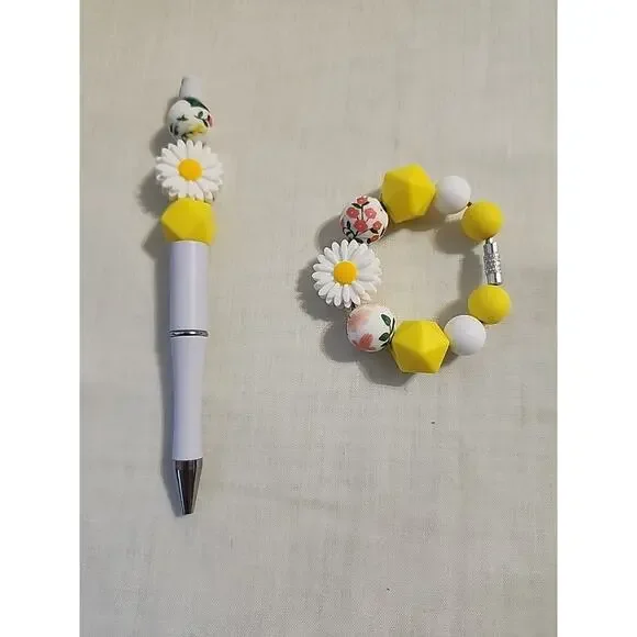Bead Pen & Cup Charm Matching Combo Floral Daisies Yellow & White Silicone