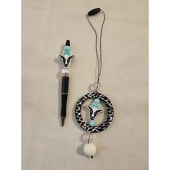 Car Charm For Rear View & Bed Pen Combo Cow Print Black & White Blue
