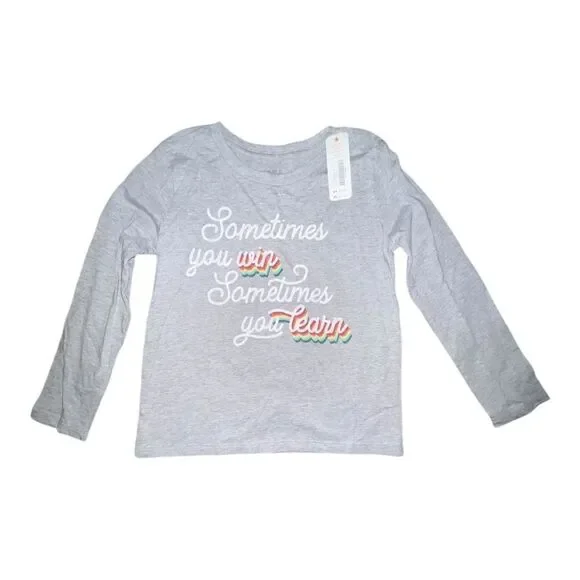 Gymboree Girls Gray Win Learn Graphic Long Sleeve T-Shirt Rainbow Small NWT