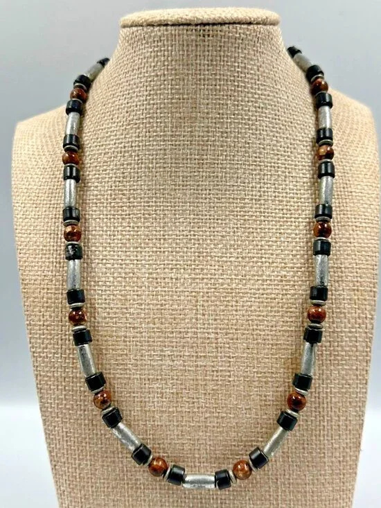 3/$30 Mens Necklace Silver Tone Tube Beads Black Brown Rustic Beaded 16 Inch